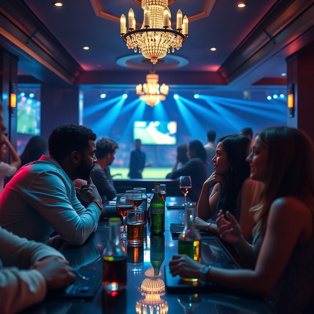 Late-night lounge interior with chandelier, full bar, and matchday viewing screens.